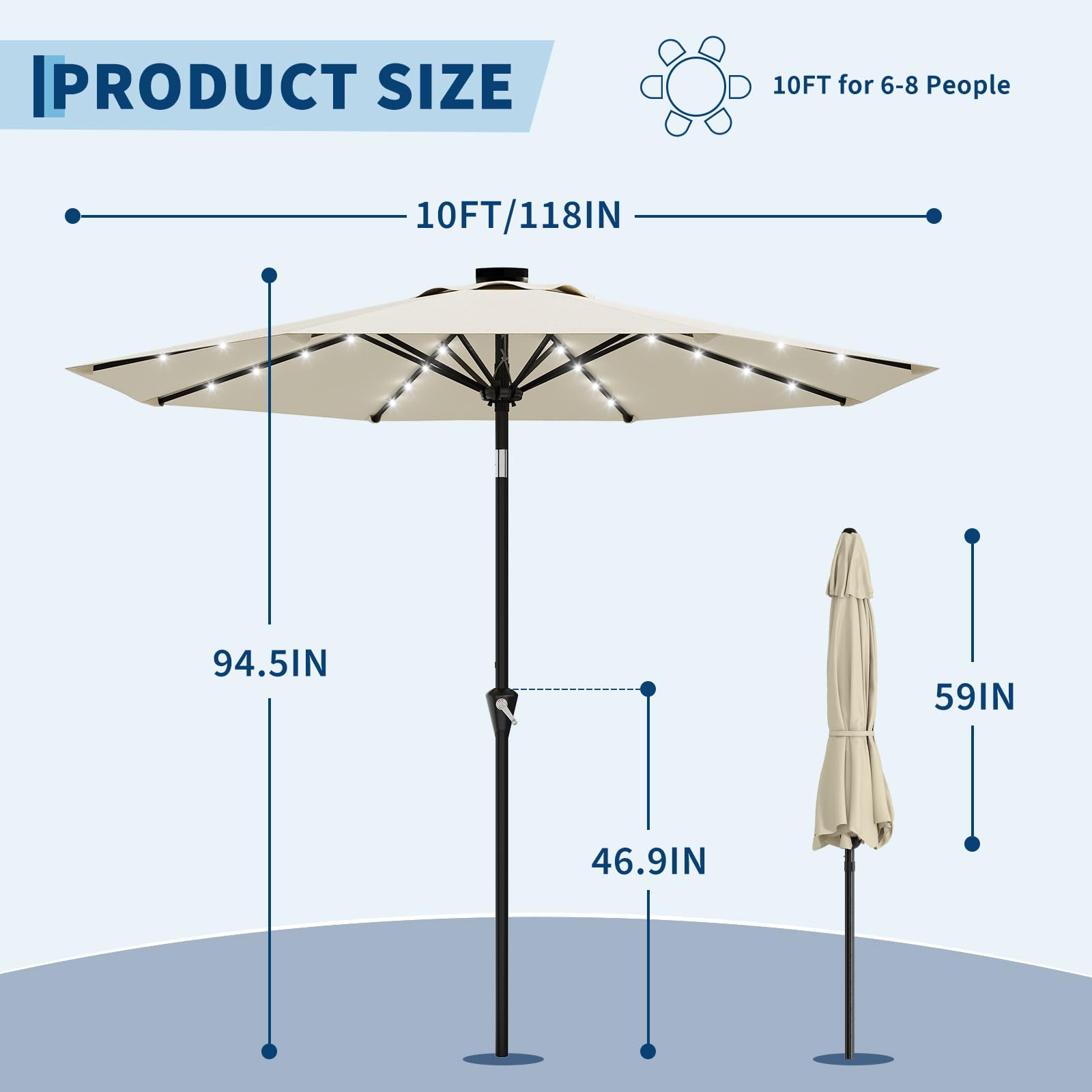 Garvee 10 ft Solar Patio Umbrella with 32 LED Lights, Outdoor Market Umbrella with Crank Lift & Tilt, UV-Resistant Canopy for Pool, Garden & Backyard, Beige