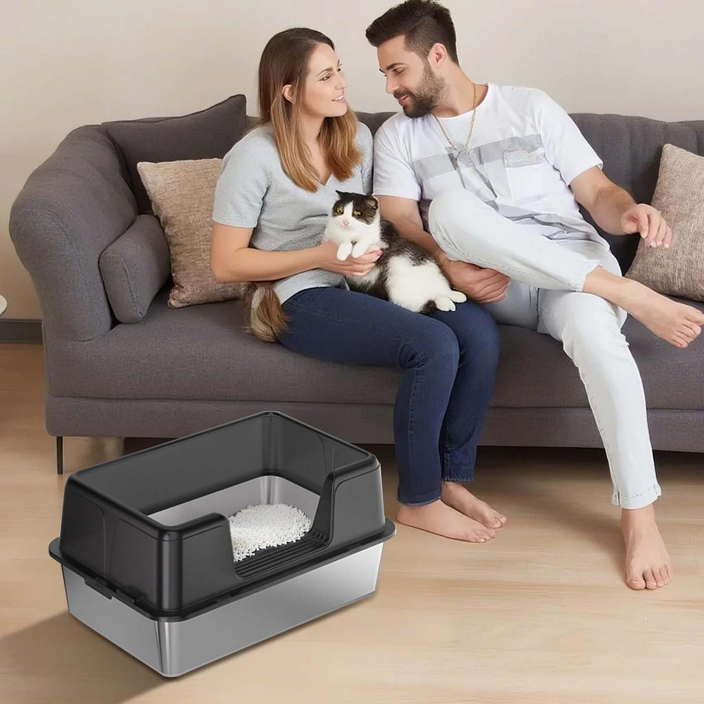 Garvee Stainless Steel Litter Box with Lid, High Side Metal Litter Boxes for Big Cats, Extra Large Litter Pan Tray, Easy Clean, Odor Control Cat Toilet with Scoops, Black