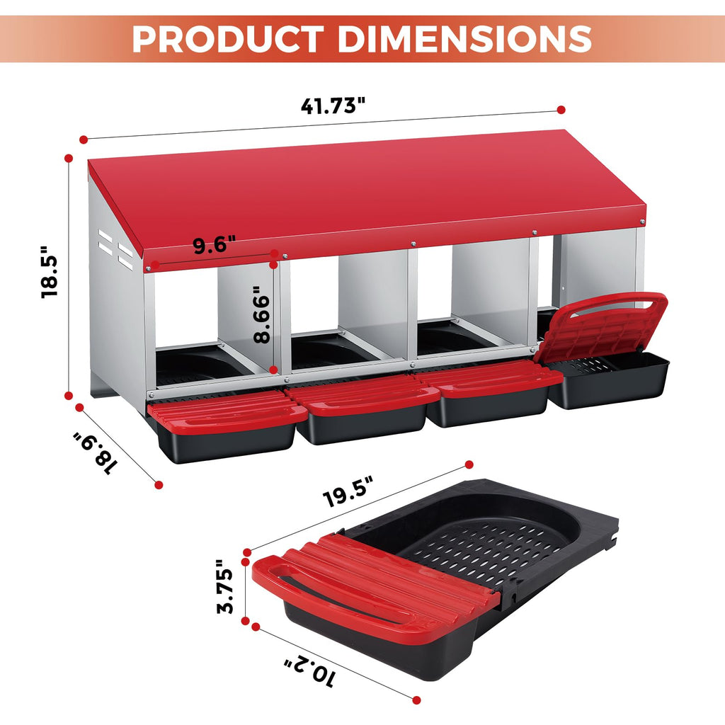 Garvee 4-Hole Metal Chicken Nesting Boxes for Chicken Coop, Roll Away Poultry Laying Box with Sloped Anti-Perch Roof, Removable Trays with Protective Flip Covers for Clean Automatic Egg Collection, Red & Silver (41.7" L x 18.9" W x 18.5" H)