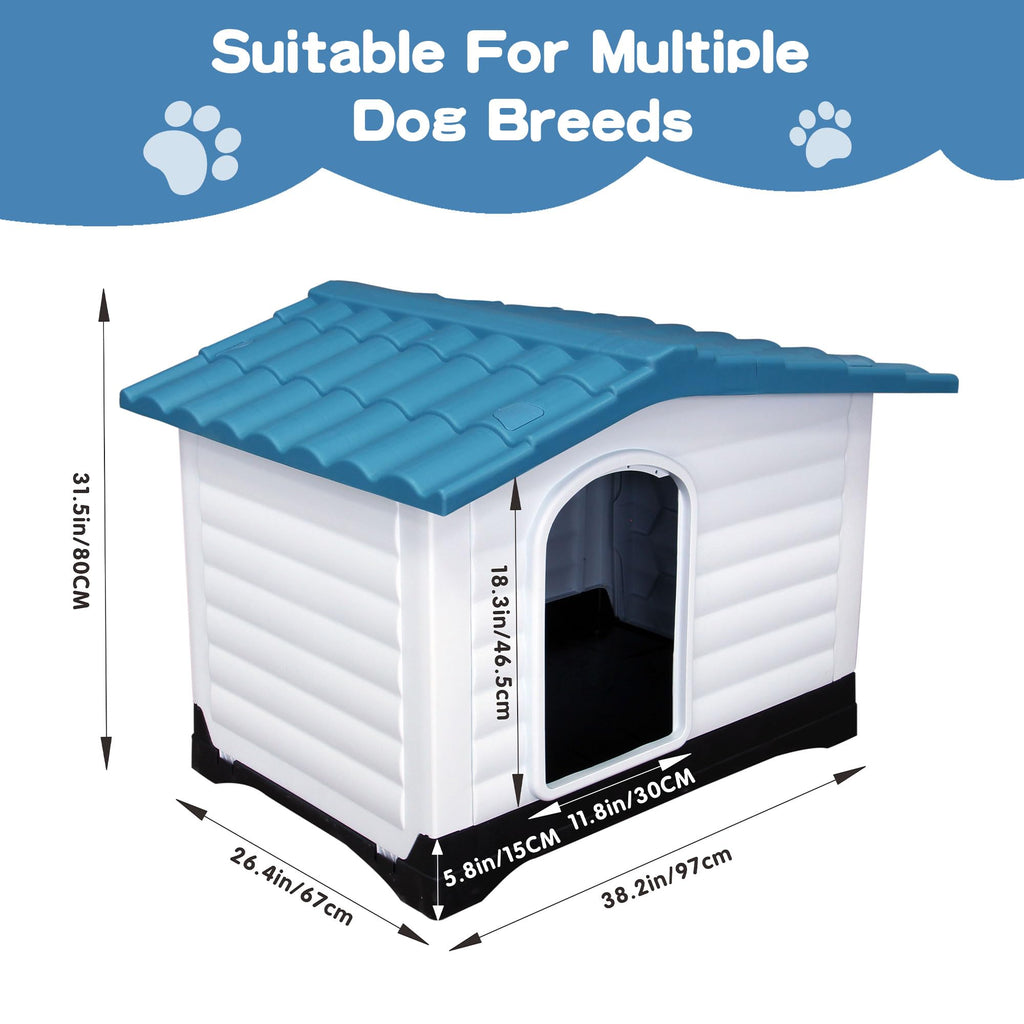 Garvee 2-Door Large Dog House for Indoor and Outdoor Dog House with Fold-Out Porch Elevated Base, Waterproof Pet House for Small and Medium Dogs, Easy Assembly, Blue (38''L x 26''W x 31''H)