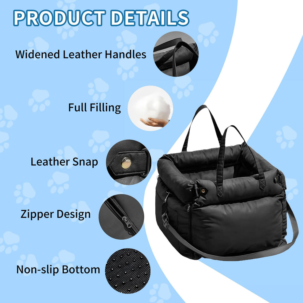 Garvee Dog Booster Car Seat, Waterproof PU Leather Upholstered Cat Bed for Car with Storage Pockets, Portable Pet Seat, Bite-Resistant, Perfect for Travel and Home, Black