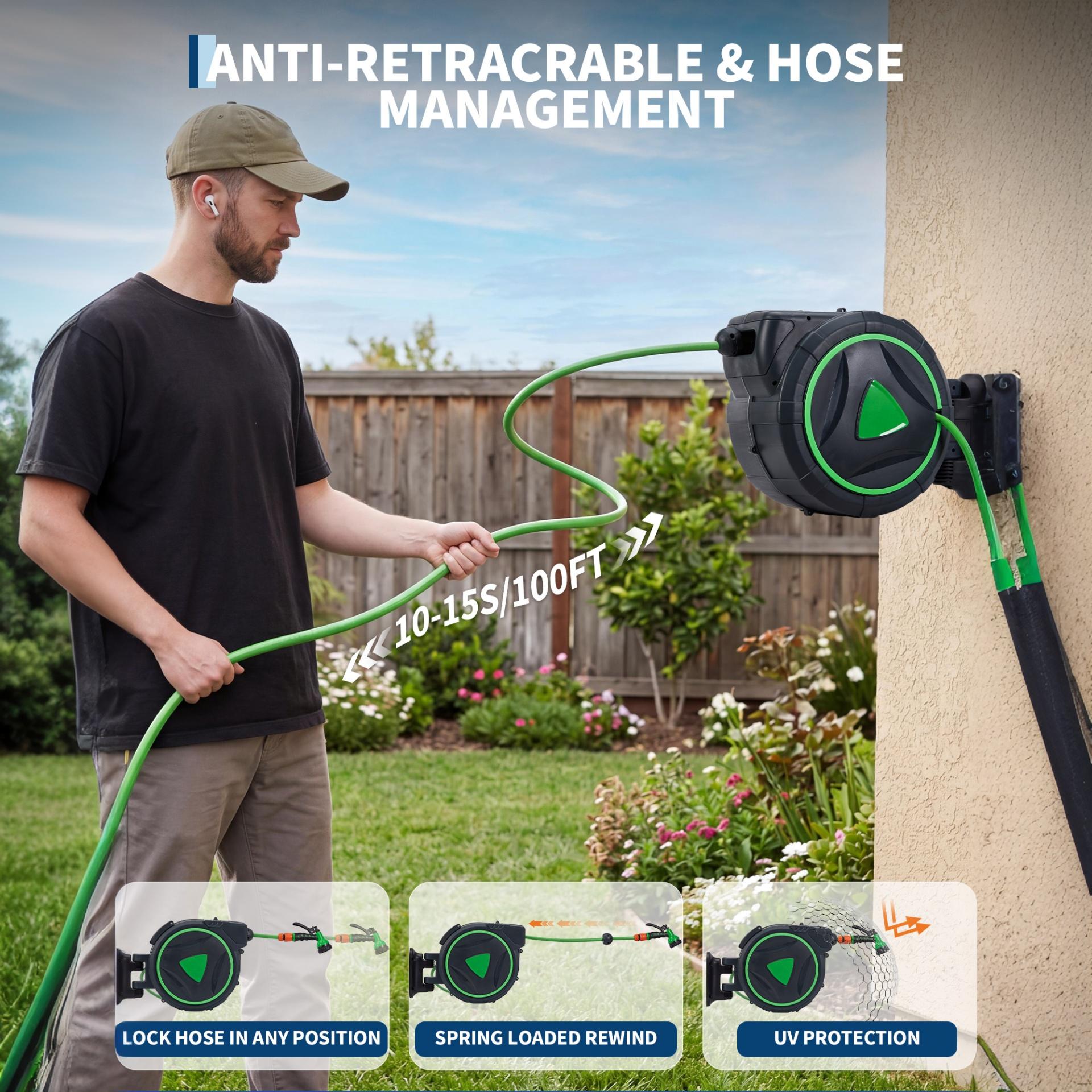 Garvee 1/2" x 100 FT Retractable Garden Hose Reel, Wall-Mounted Auto Rewind Water Hose Reel with 180° Swivel Bracket, Kink-Free Hose for Lawn, Patio & Car Washing