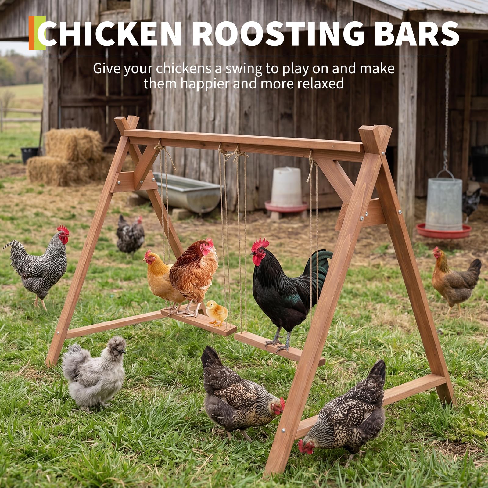 Garvee Chicken Perch with Swing - Wooden Roosting Bars for 6-8 Chickens - Durable Pine Wood, Weather-Resistant, Easy Assembly - Coop Accessory for Outdoor Use
