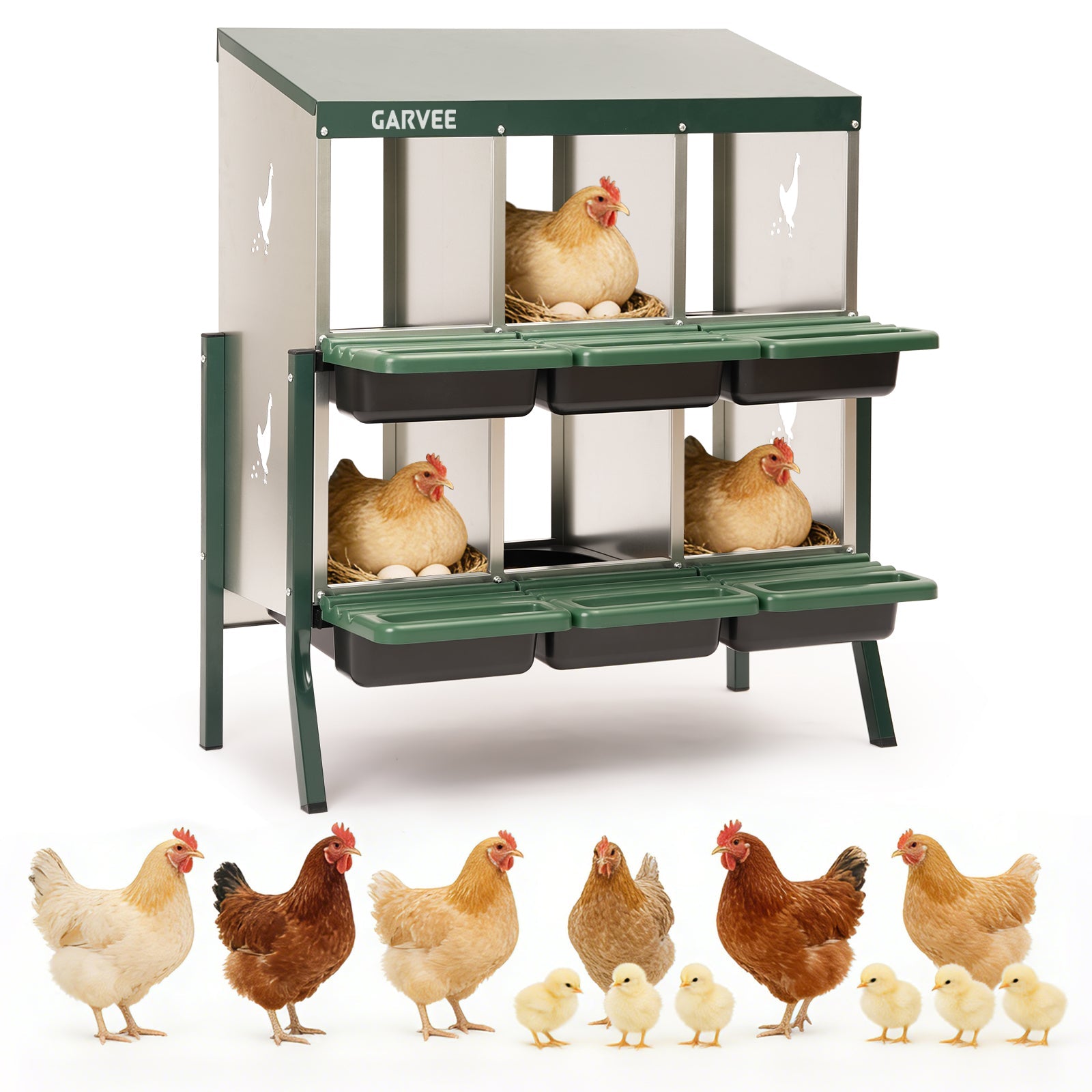 Garvee 6 Compartment Metal Chicken Nesting Box – Heavy Duty, Ventilated, Removable Tray & Perch, Easy Clean, Efficient Egg Collection for Hens, Ducks, Geese – Green with Chicken Design – Size: 6 Compartments, Color: Green (Side Chicken Design)