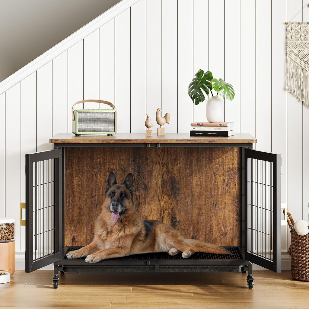 Garvee 37.5" Heavy Duty Dog Crate Furniture with Durable Steel Frame, Removable Tray, Locking Wheels, 300lb Capacity Indoor Kennel for Large Dogs, Multi-Functional Pet Cage & Storage Table