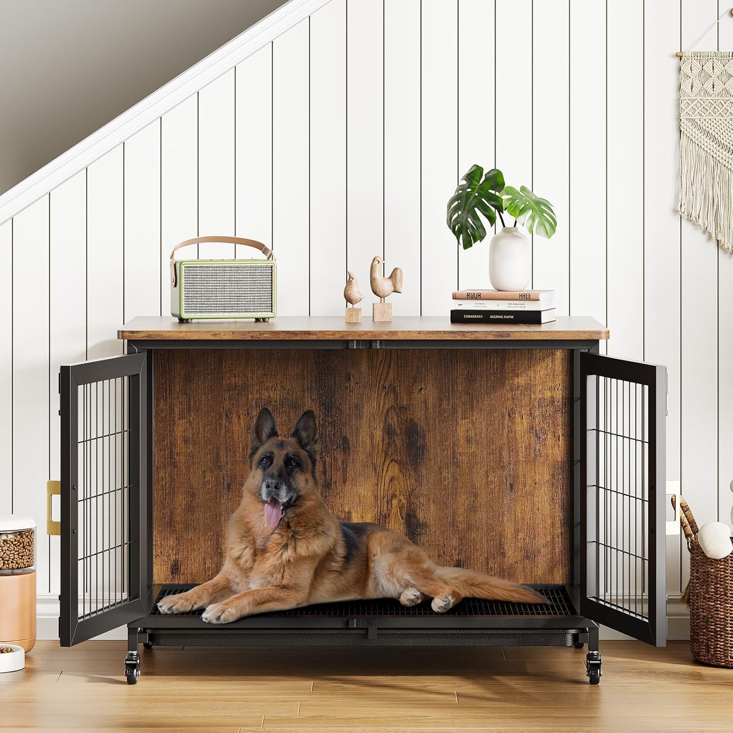 Garvee 37.5" Heavy Duty Dog Crate Furniture with Durable Steel Frame, Removable Tray, Locking Wheels, 300lb Capacity Indoor Kennel for Large Dogs, Multi-Functional Pet Cage & Storage Table