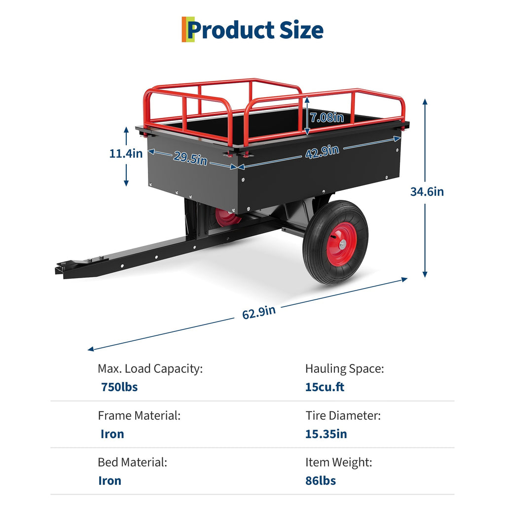 Garvee 750 LB Tow-Behind Steel Dump Cart, 15 Cu. Ft. Garden Wagon with 42.9 x 29.5 in Bed, Removable Rails & 15.35 in Tires, Black/Red