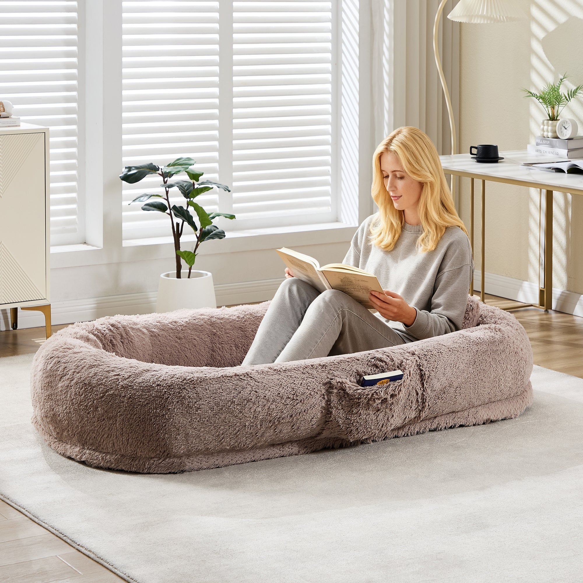 Garvee Orthopedic Soft Faux Fur Human Dog Bed for Adults & Pets – Large 67"x43"x8" Lounger, Removable Pillow, Side Pocket, Handle, Washable Cover, No Assembly, Bean Bag Style, Light Brown