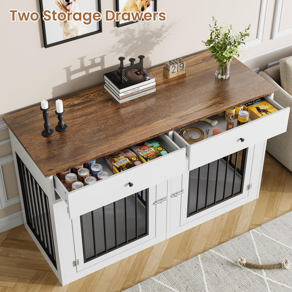 Garvee 60" Dog Crate Furniture for 2 Dogs, Heavy Duty Dog Kennel Furniture TV Stand with 2 Drawers, Dog Crates for Small Medium Dogs, Dog Cage End Table for Indoor Use, White