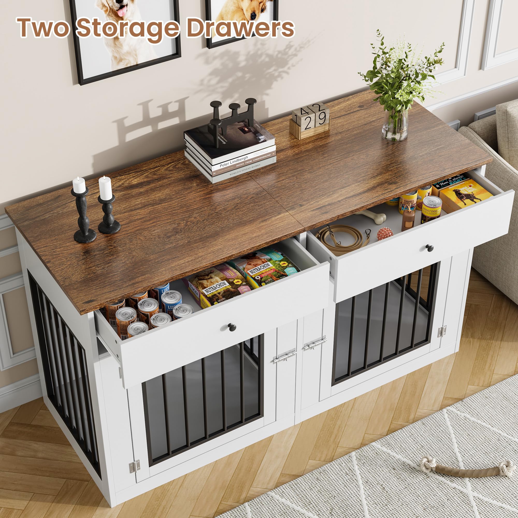 Garvee 60" Dog Crate Furniture for 2 Dogs, Heavy Duty Dog Kennel Furniture TV Stand with 2 Drawers, Dog Crates for Small Medium Dogs, Dog Cage End Table for Indoor Use, White