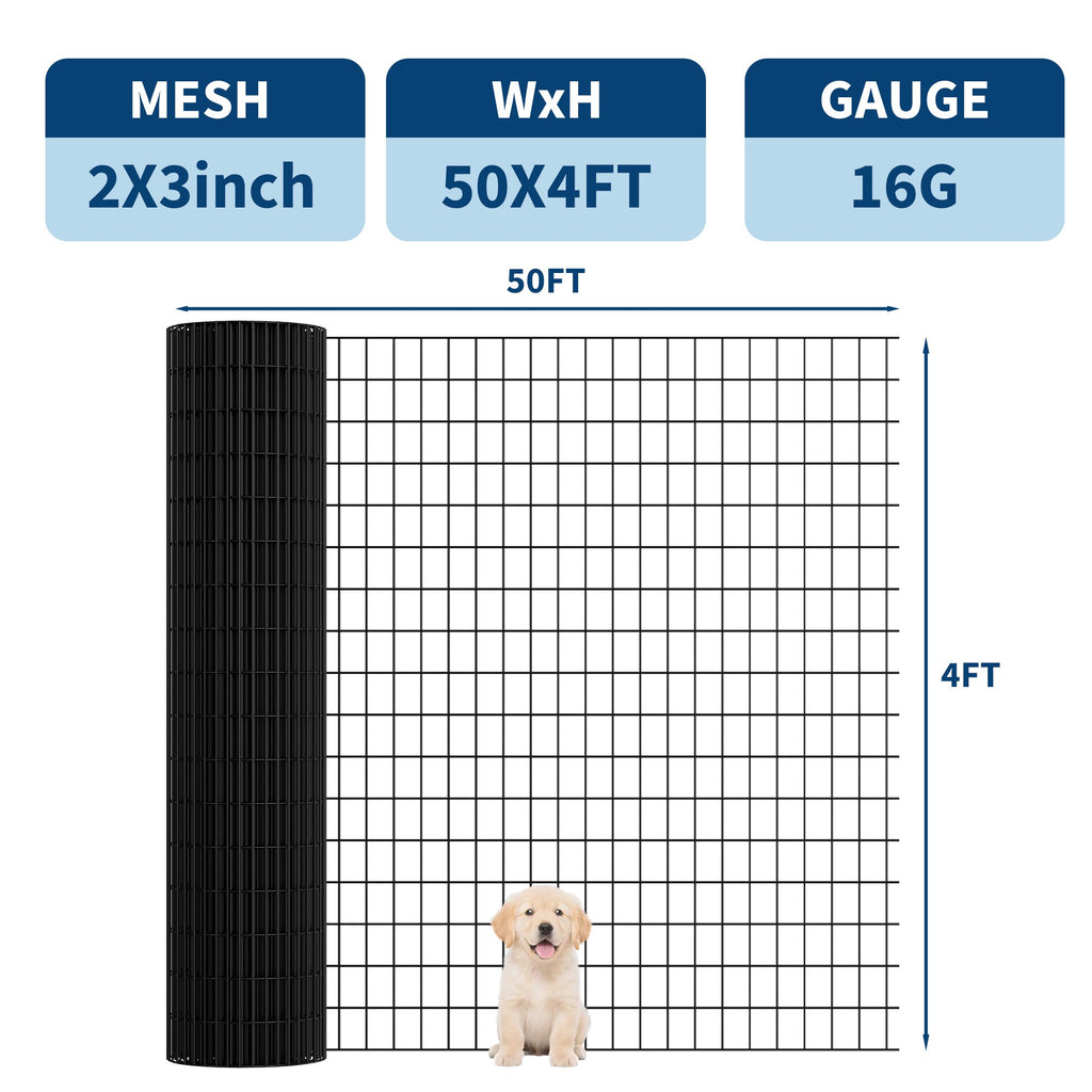 Garvee PVC Coated Welded Wire Fence Roll, 48 Inch x 50 Foot Black Vinyl Metal Mesh Fencing, 16 Gauge Galvanized Wire with 2 in x 3 in Mesh, Heavy-Duty Garden Border Pen for Vegetables, Plants & Poultry