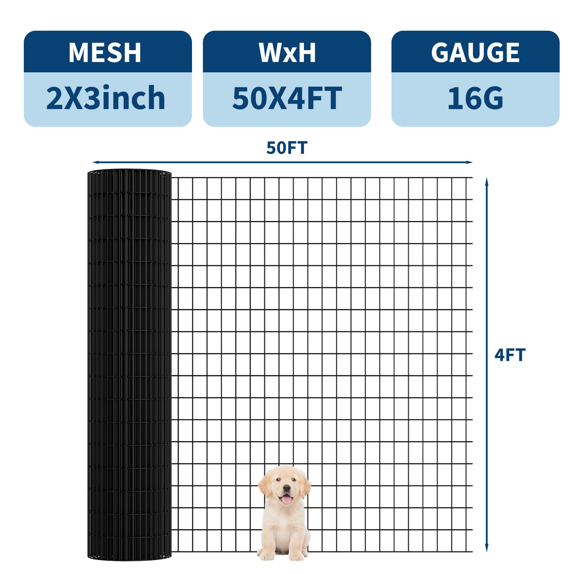 Garvee PVC Coated Welded Wire Fence Roll, 48 Inch x 50 Foot Black Vinyl Metal Mesh Fencing, 16 Gauge Galvanized Wire with 2 in x 3 in Mesh, Heavy-Duty Garden Border Pen for Vegetables, Plants & Poultry