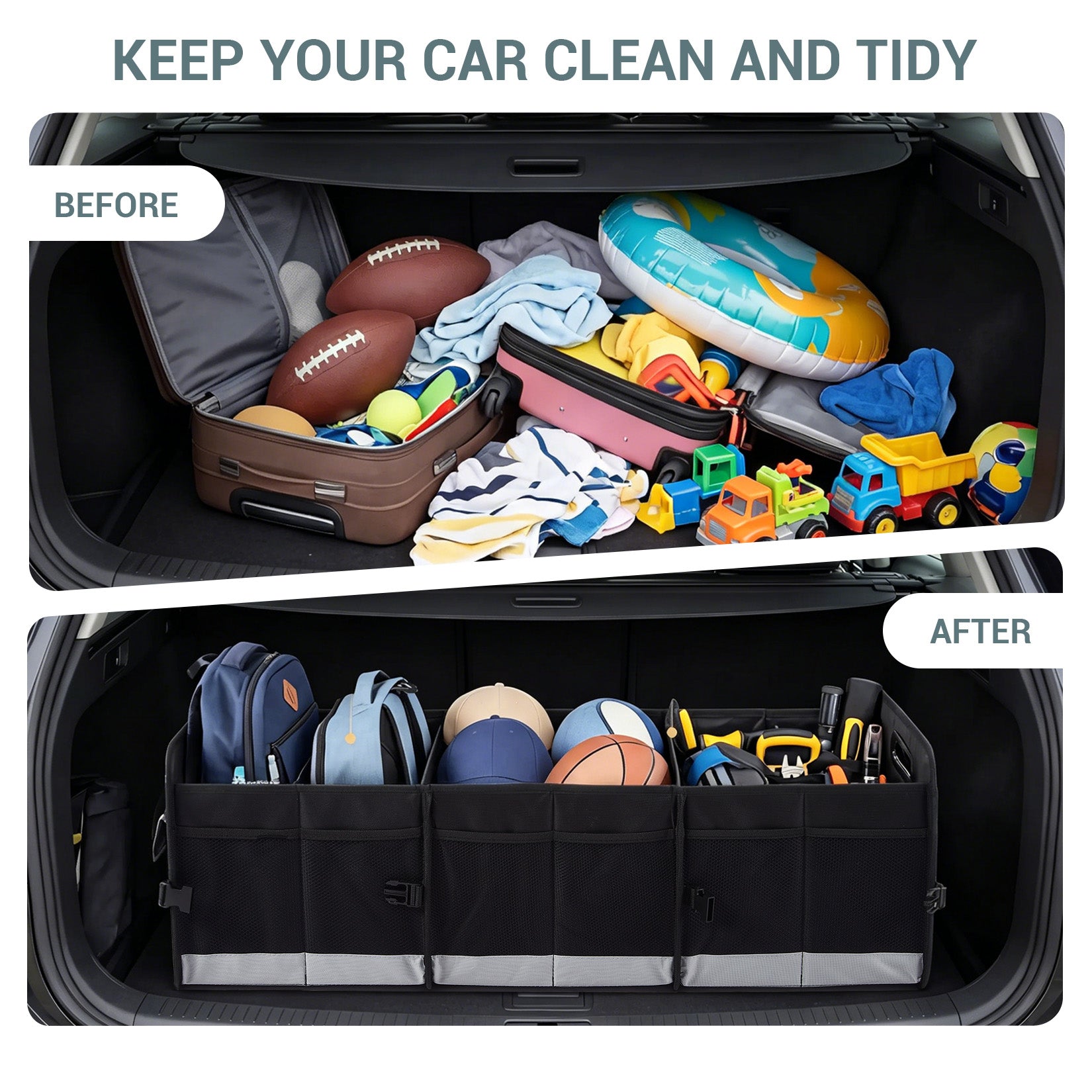 Garvee Heavy-Duty Car Trunk Organizer with Lid & Handles – Large Collapsible Storage Bag – Non-Slip, 3 Compartments – For SUV, Truck, Pickup Bed, Black Gray