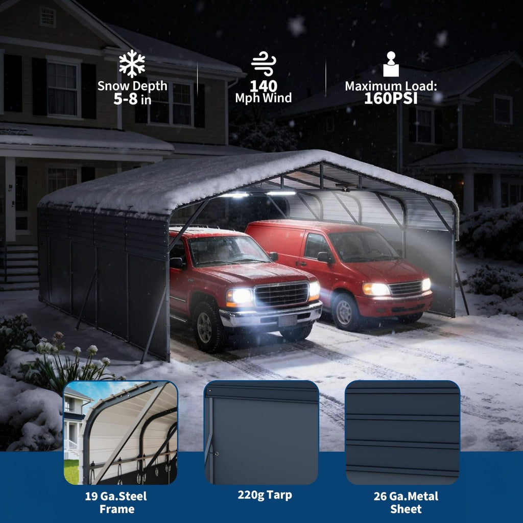 Garvee Metal Carport, 20x20 ft Heavy Duty 2-Car Outdoor Garage with Galvanized Steel Roof, LED Light, Reinforced Base & Removable PE Sidewalls