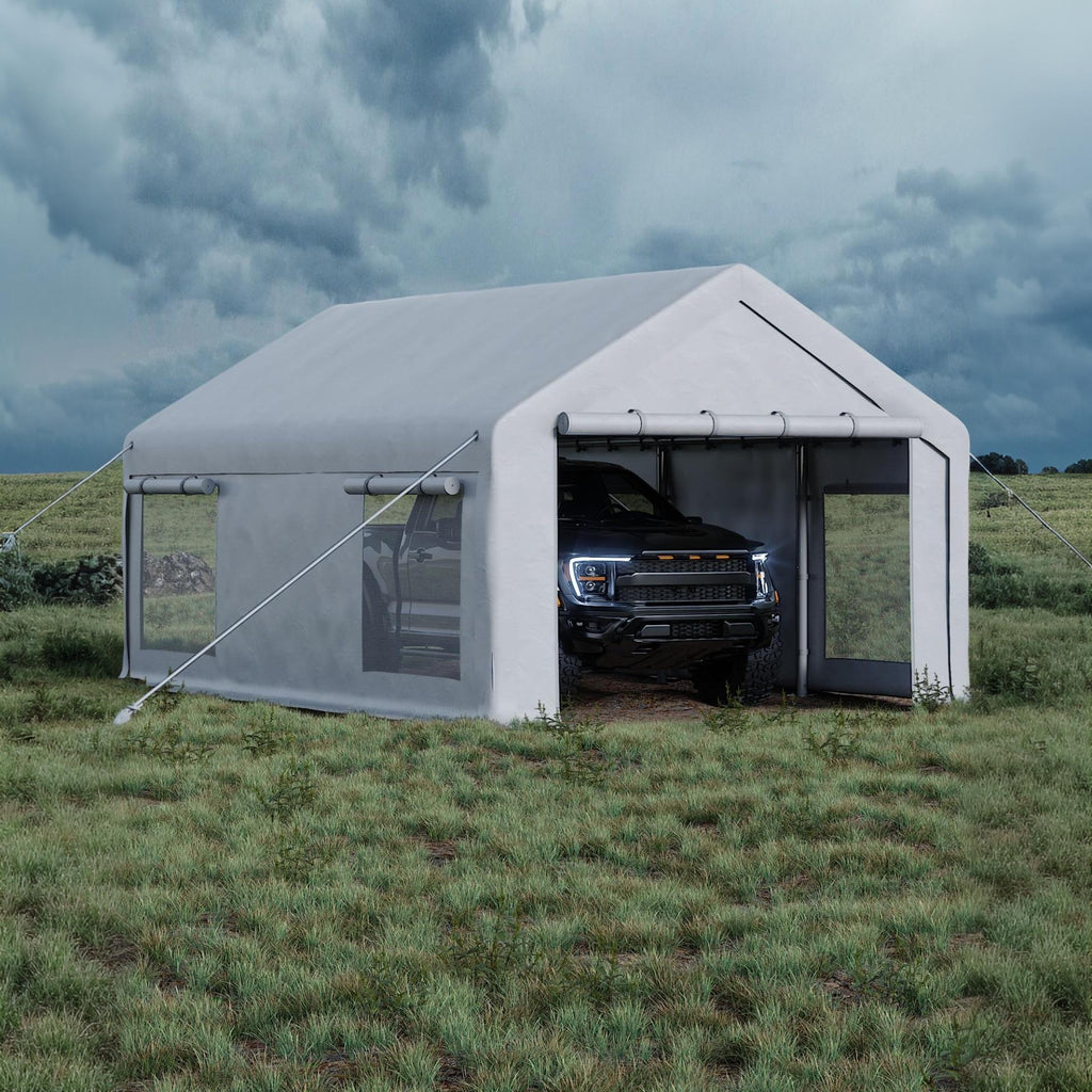 Garvee 12' × 20' Portable Garage, 200 GSM PE Carport Canopy with Reinforced Steel Frame, 2 Roll-Up Doors, 4 Mesh Windows, White