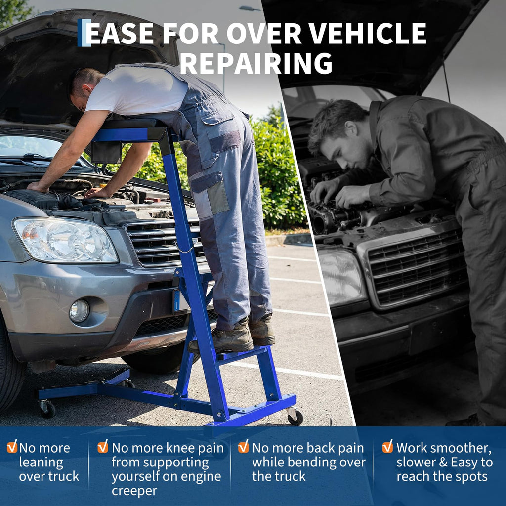 Garvee Automotive Engine Creeper, 400 lbs Foldable Top Side Mechanic Creeper for Cars and Trucks, Adjustable Height (49"-76"), Padded Deck, Engine Bay Repair Stand for Jeeps, Pickups, and Lifted Vehicles, Blue