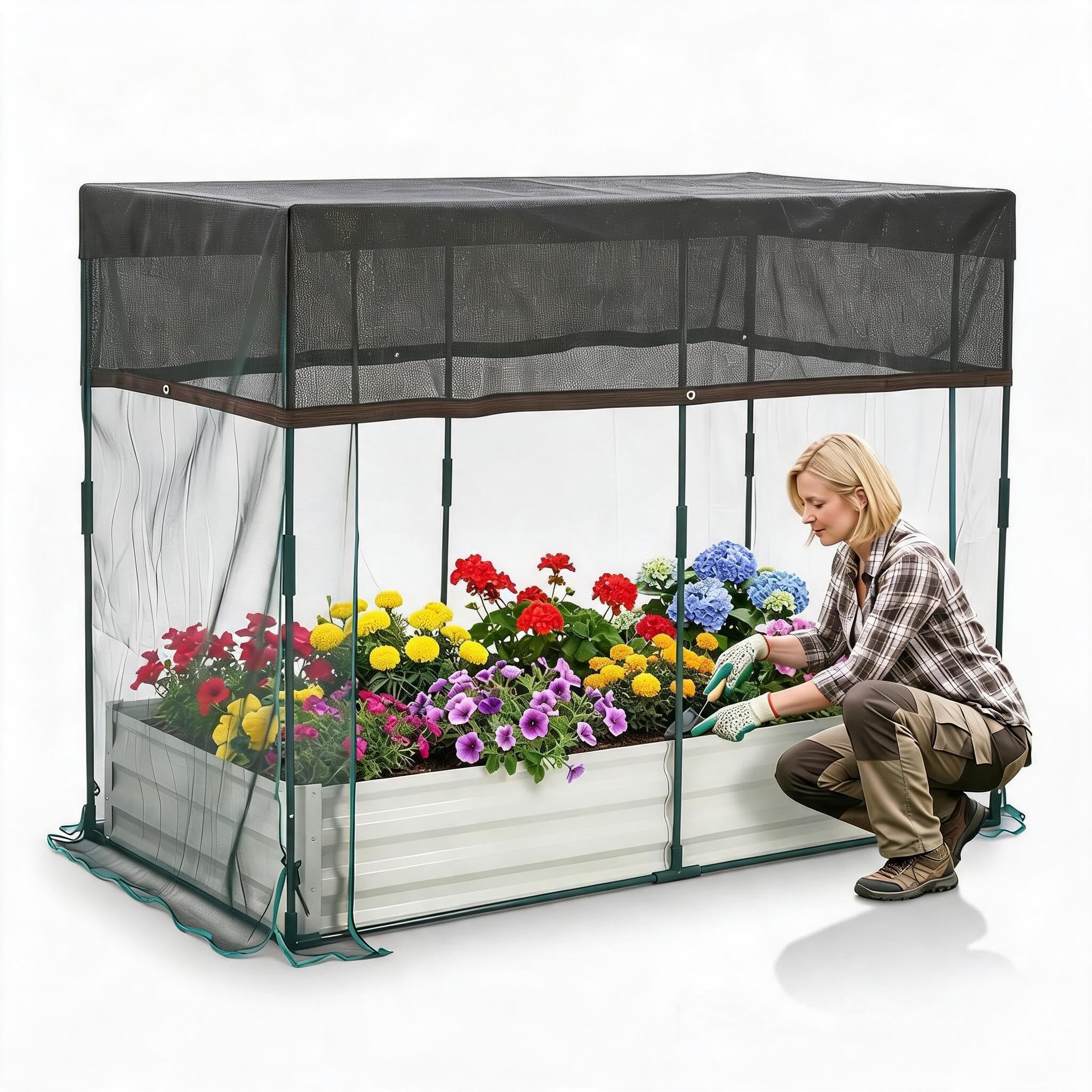 Garvee Self-Watering Raised Garden Bed for Vegetables & Herbs, 6 x 3 x 1 FT Galvanized Metal Planter with Mesh Bug Net, Shade Cloth and Bottomless Design, Light Beige