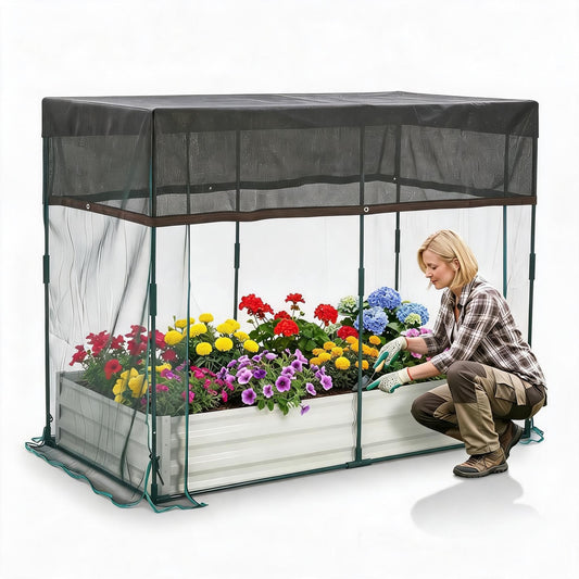 Garvee Self-Watering Raised Garden Bed for Vegetables & Herbs, 6 x 3 x 1 FT Galvanized Metal Planter with Mesh Bug Net, Shade Cloth and Bottomless Design, Light Beige