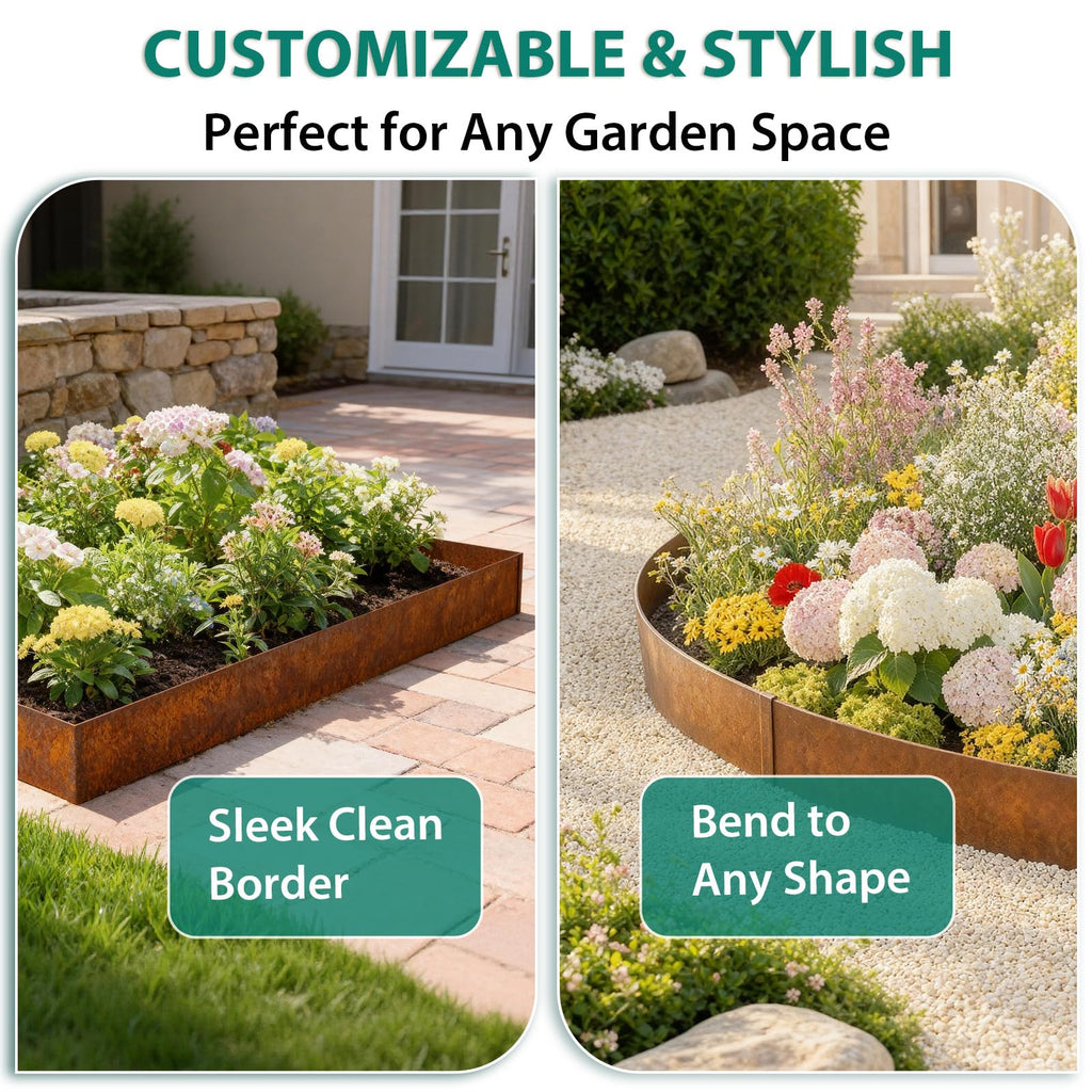 Garvee 20' Cor-Ten Steel Landscape Edging, 6-Pack 40" × 8" Hammer-In Flexible Metal Garden Border Kit with Clips & Gloves for Lawn, Path & Flower Bed, Rust