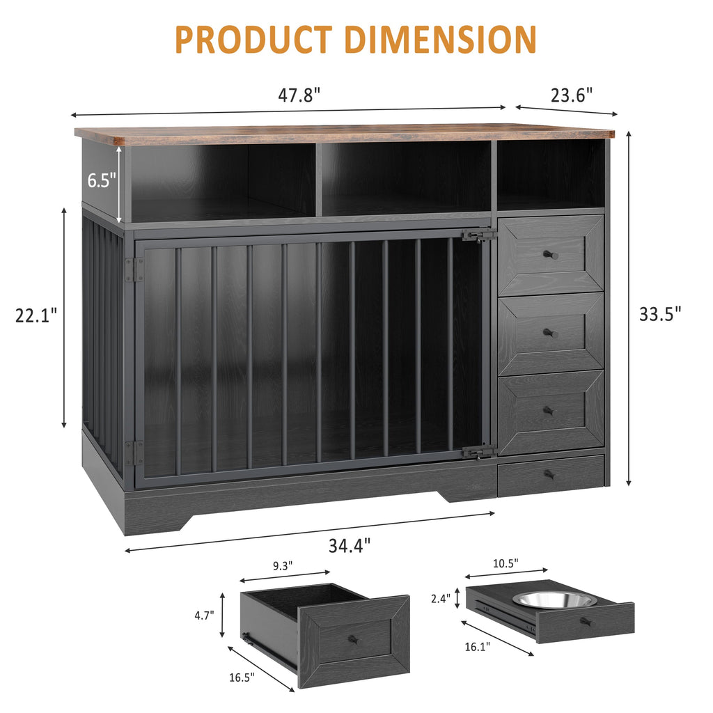 Garvee 48" Dog Crate Furniture with Bowls, Heavy Duty Dog Kennel End Table with 3 Storage Drawers, Locking Door, Farmhouse Style Pet Crate Cabinet for Medium Small Dogs, Black
