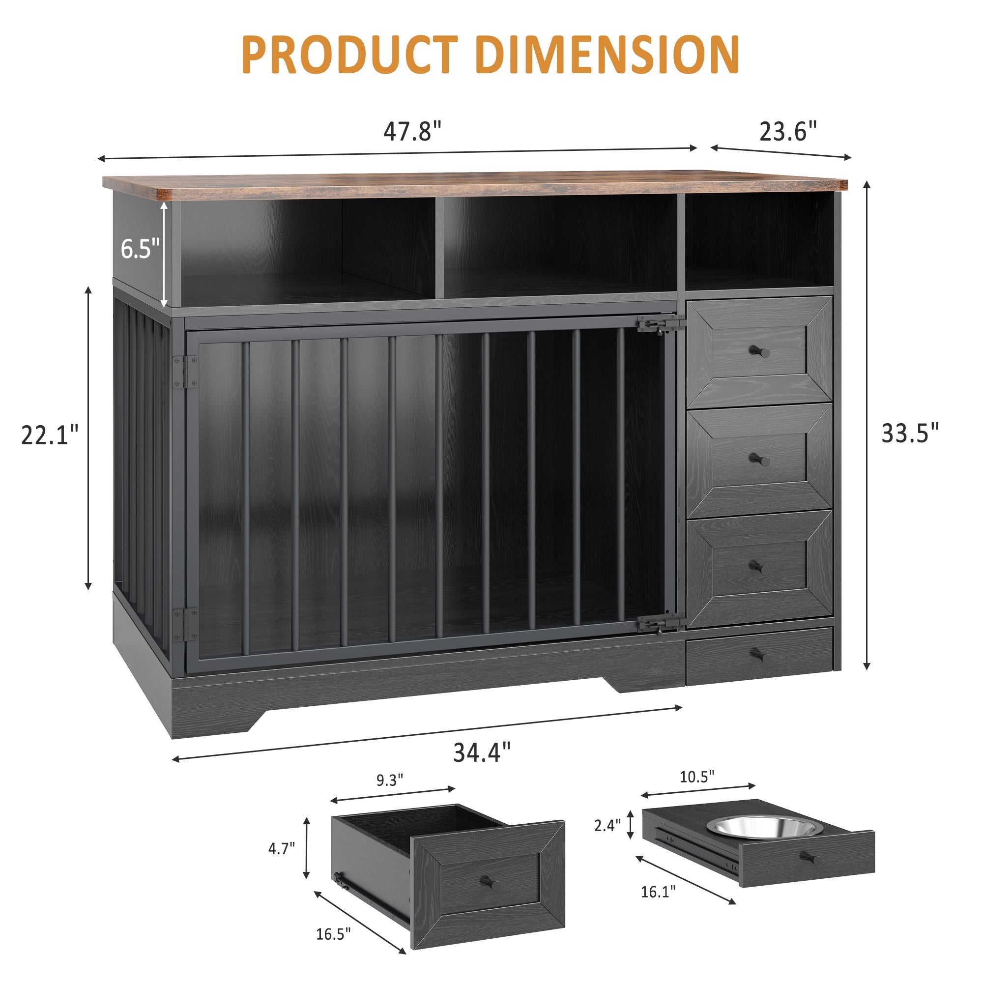 Garvee 48" Dog Crate Furniture with Bowls, Heavy Duty Dog Kennel End Table with 3 Storage Drawers, Locking Door, Farmhouse Style Pet Crate Cabinet for Medium Small Dogs, Black