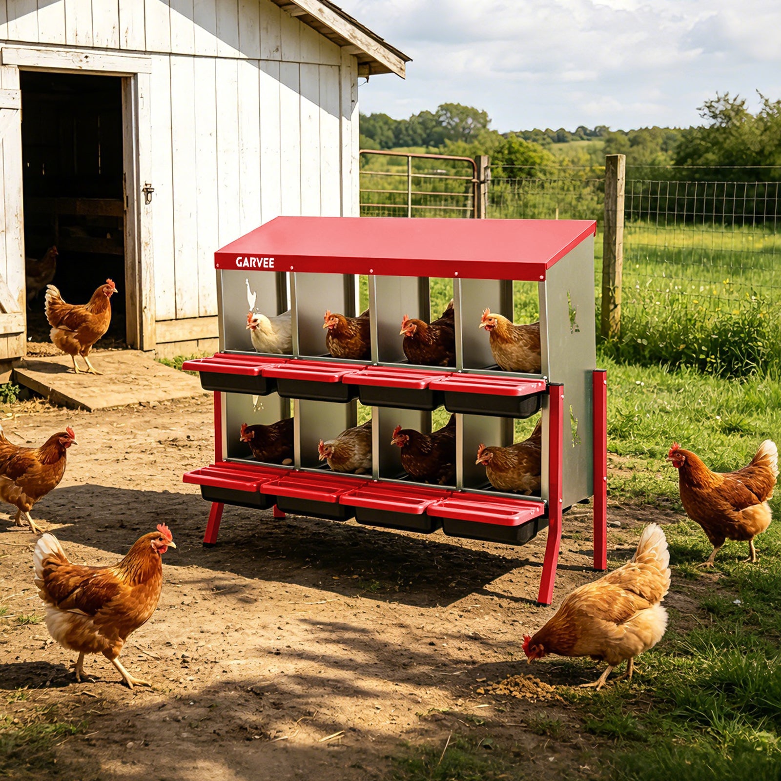 Garvee 8 Compartment Metal Chicken Nesting Box – Heavy Duty Galvanized Steel, Easy Clean Removable Tray, Soft Cushion, Ventilated, Bracket Legs for Outdoor Chicken Coop – Red with Chicken Design