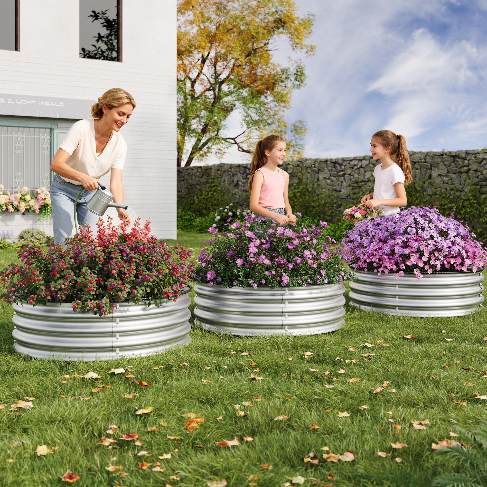 Garvee 3-Pack Round Metal Raised Garden Bed, 2x1FT Galvanized Planter Boxes, Rust-Resistant, Open Bottom, Safe Edge, Easy Assembly for Vegetables, Flowers & Herbs – Sliver
