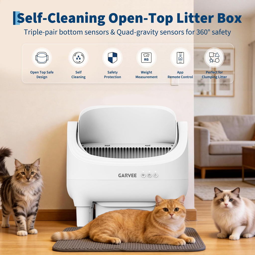 Garvee Self-Cleaning Cat Litter Box with App Control, Automatic Litter Box with Odor-Free 10.5L Bin, Whisper-Quiet, 7-Layer Safety, Open-Top Design for Large & Multiple Cats, Gray