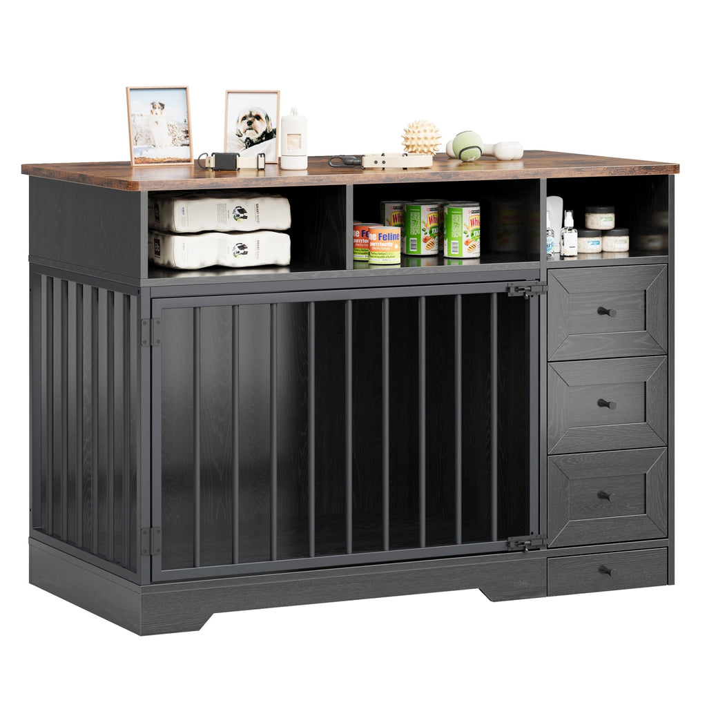 Garvee 48" Dog Crate Furniture with Bowls, Heavy Duty Dog Kennel End Table with 3 Storage Drawers, Locking Door, Farmhouse Style Pet Crate Cabinet for Medium Small Dogs, Black