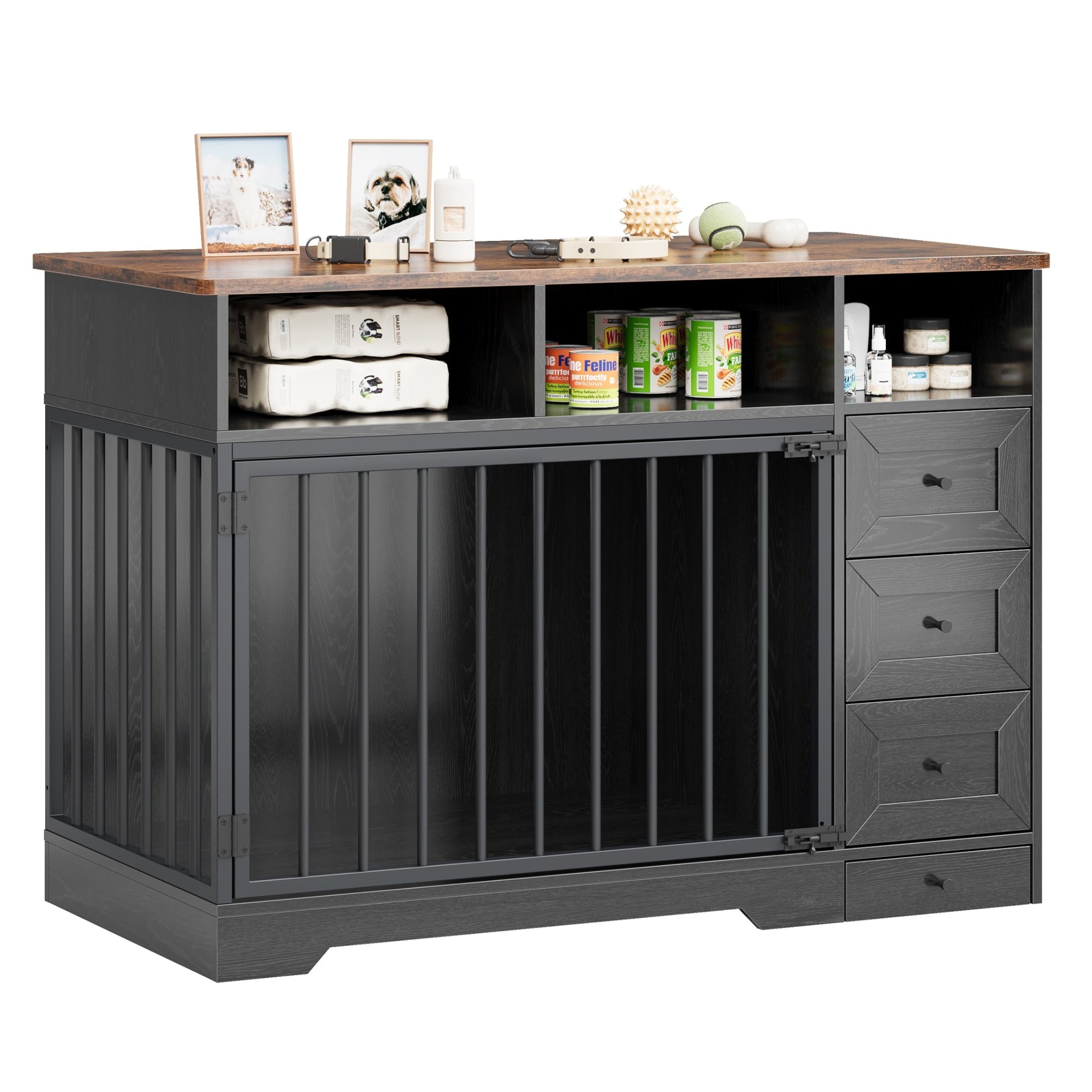 Garvee 48" Dog Crate Furniture with Bowls, Heavy Duty Dog Kennel End Table with 3 Storage Drawers, Locking Door, Farmhouse Style Pet Crate Cabinet for Medium Small Dogs, Black