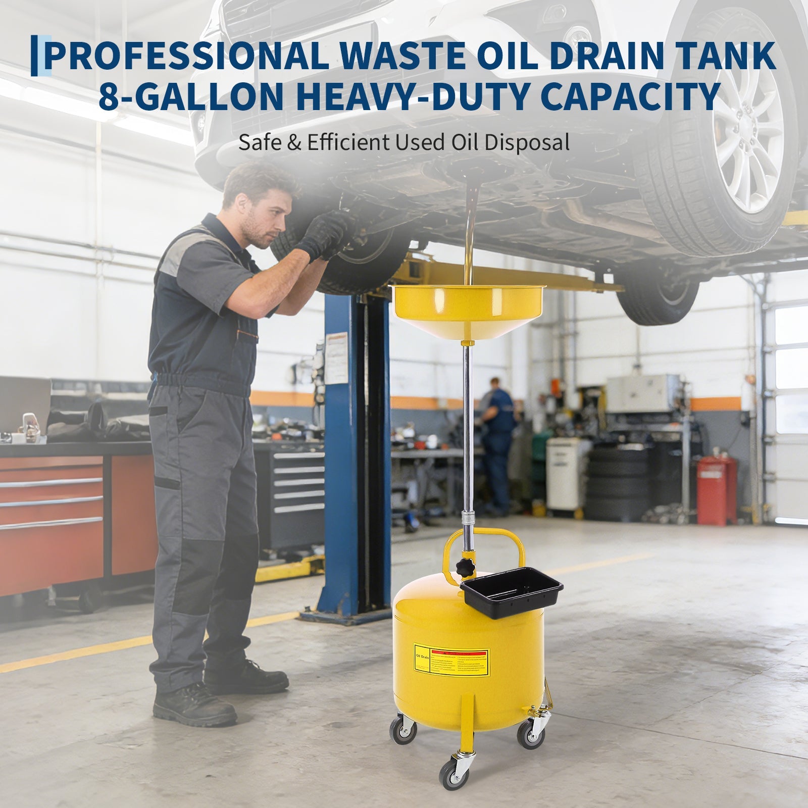 Garvee 8 Gallon Portable Air-Operated Waste Oil Drainer with Adjustable 15" Funnel, Heavy-Duty Steel, Casters, Toolbox, Rust-Proof for Garages & Repair Shops,Yellow