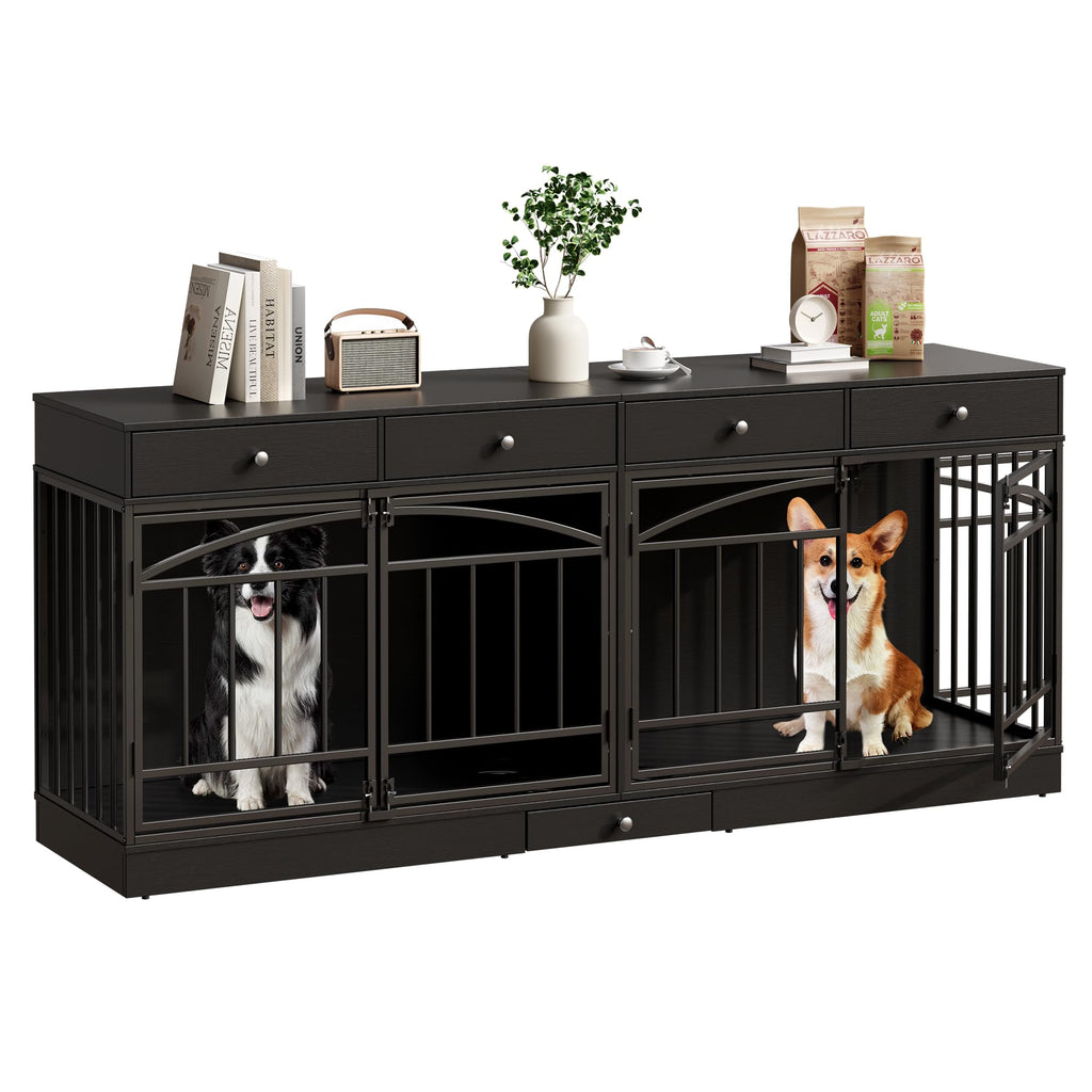 Garvee 78.7" Double Dog Crate Furniture with Storage and 4 Doors, Dog Kennel Indoor with Feeding Bowls, Wood Dog Crate TV Stand for Small Medium Dogs, Black