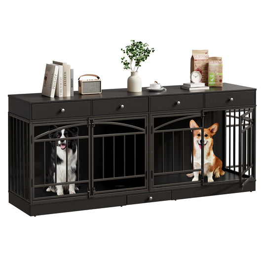 Garvee 78.7" Double Dog Crate Furniture with Storage and 4 Doors, Dog Kennel Indoor with Feeding Bowls, Wood Dog Crate TV Stand for Small Medium Dogs, Black