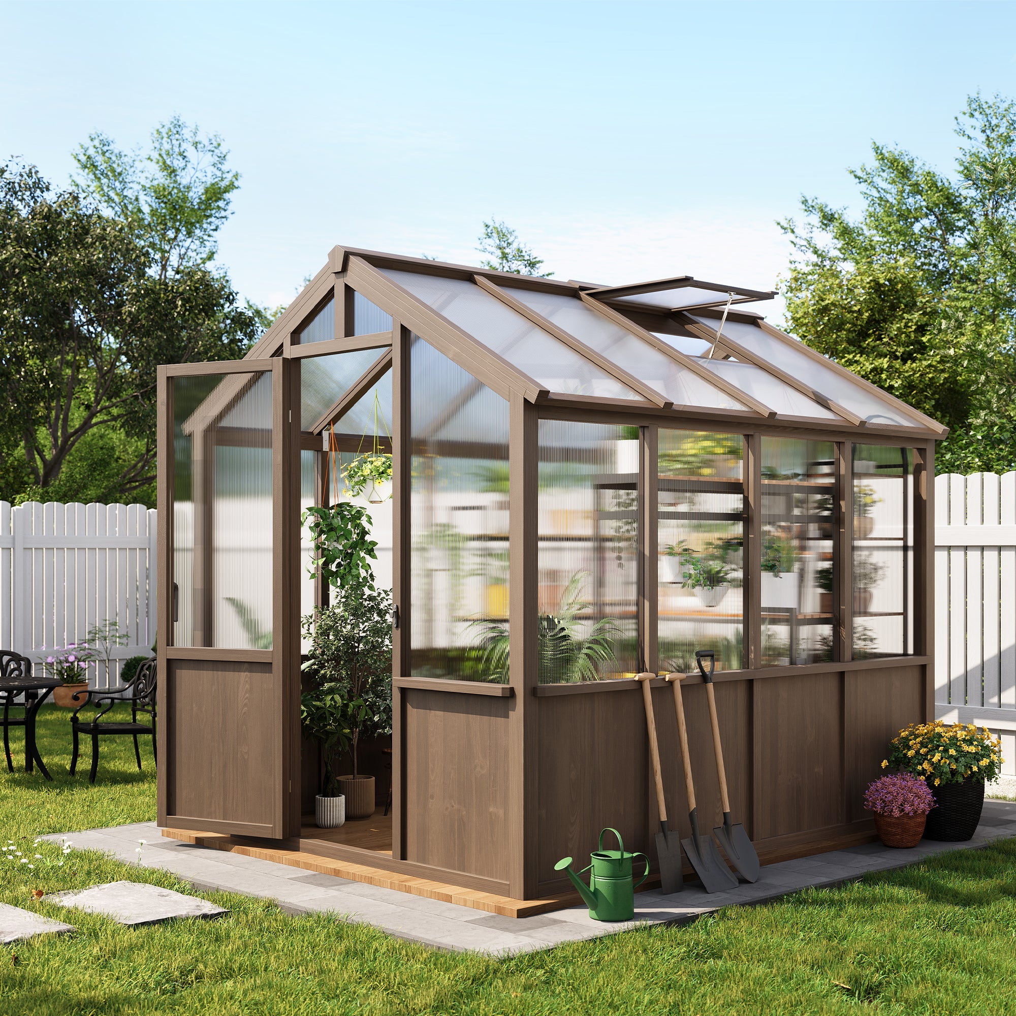 Garvee Spacious 6x8 FT Walk-In Wooden Greenhouse for Outdoors – Heavy Duty Spruce Frame, Durable PC Panels, Adjustable Roof Vents, Lockable Door – Outdoor Storage for Garden, Patio, Lawn – 6x8 Vintage Color