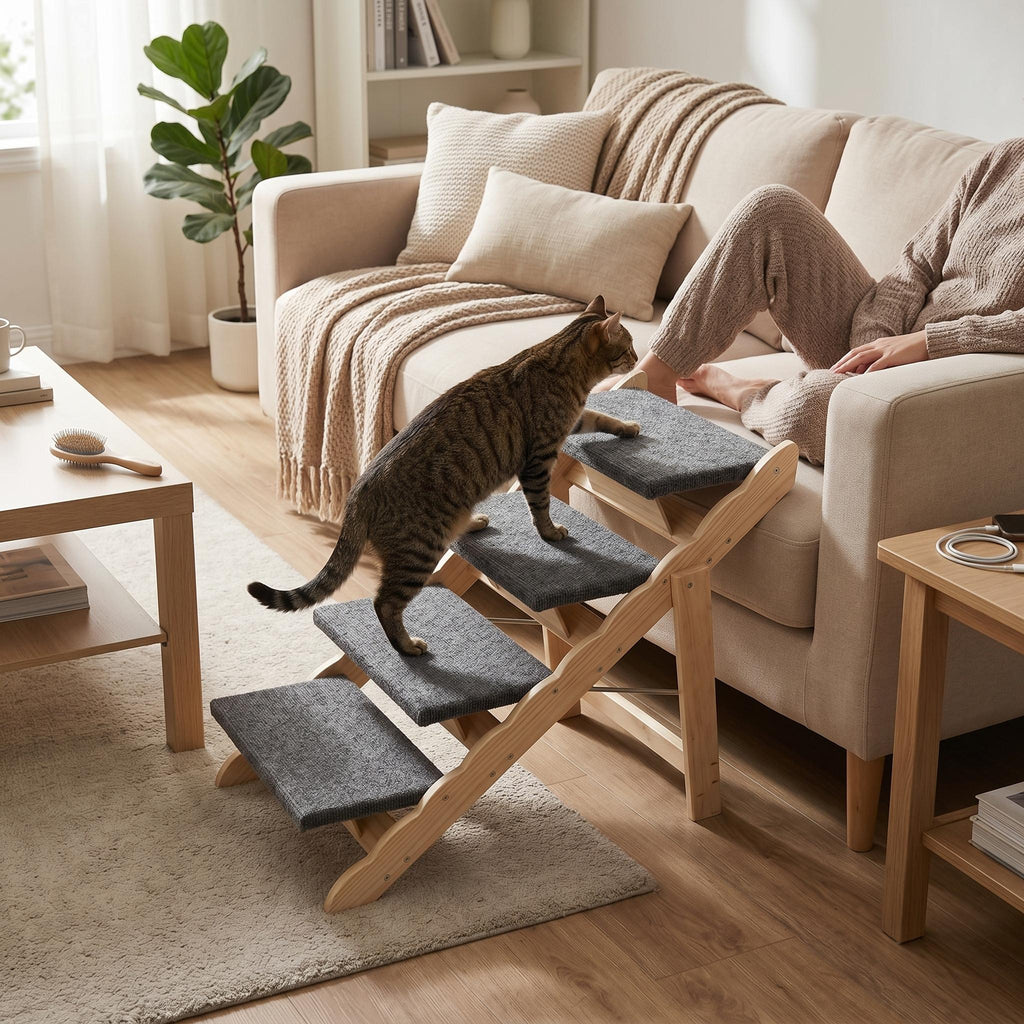 Garvee Wood Pet Stairs, 4-Step Dog Stairs for Beds, Sofa & Cars, 150 lbs Load Capacity, Folded Flat Design, Stable and Sturdy Dog & Cat Step Ladder for for Older Pets and Puppies