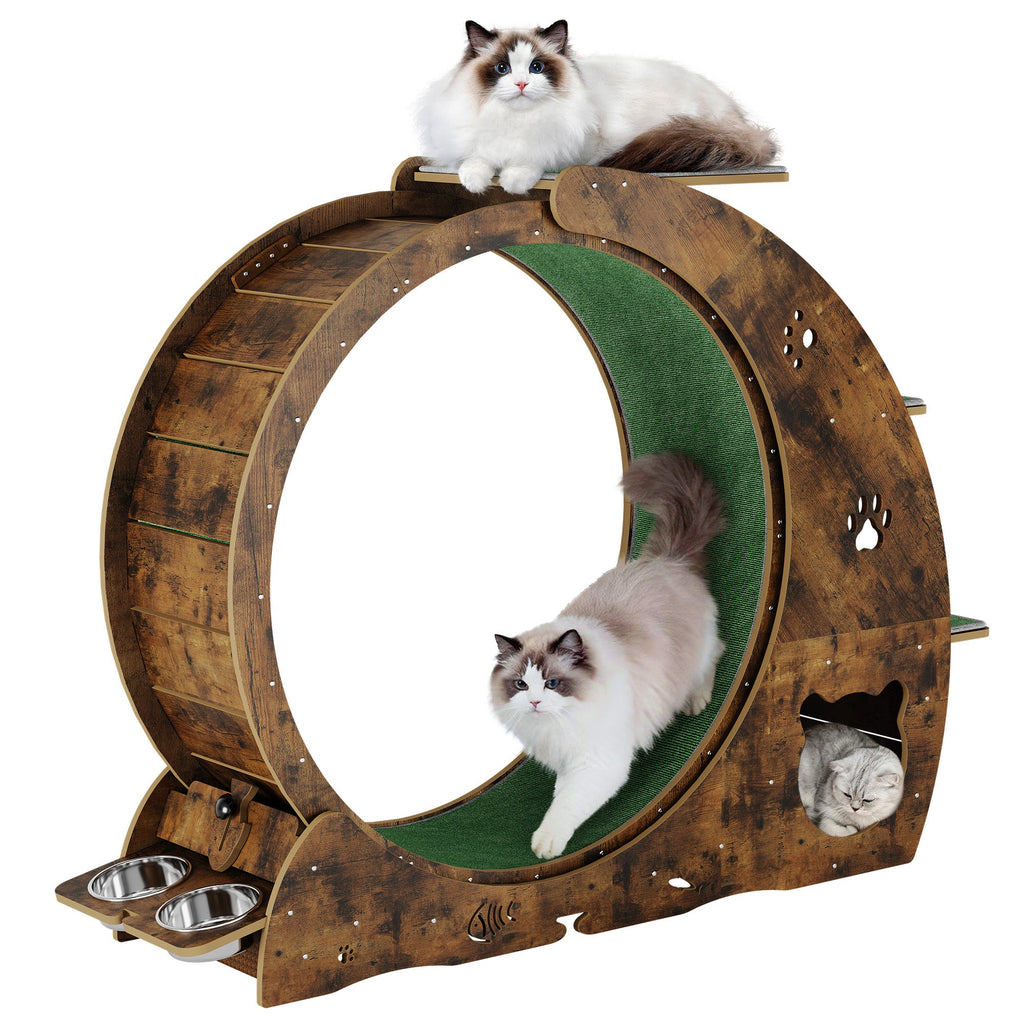 Garvee Large Cat Exercise Wheel for Indoor Cats - 3-Tier Climbing Tower with Built-in Graze Post & Carpeted Fashion Show - Quiet Spinner for Training & Obesity Prevention - Vintage Brown