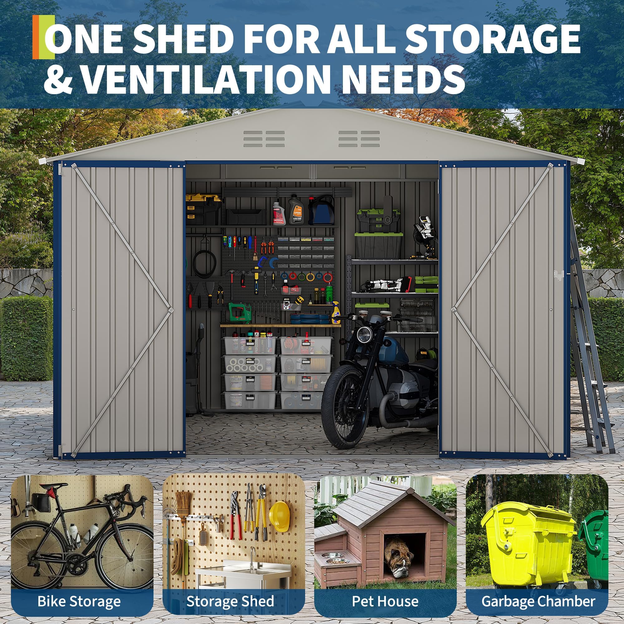 Garvee 10' x 10' Blue Metal Outdoor Storage Shed, 540 Cu.Ft. Galvanized Steel Garden Tool Shed with Lockable Door, Peak Roof & Air Vents