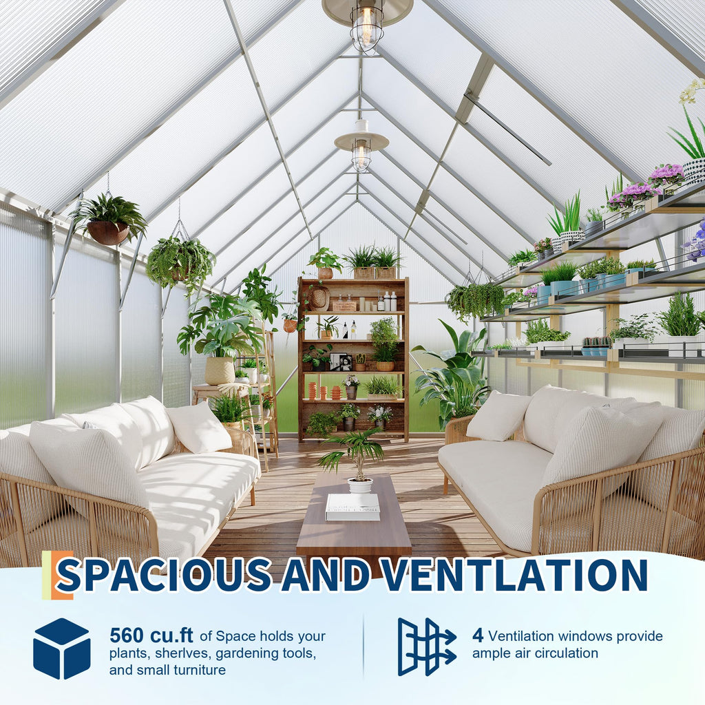 Garvee Heavy Duty 8x16FT Polycarbonate Greenhouse with Aluminum Frame – Double Swing Doors, Roof Vent, Rain Gutter, Quick Setup – Large Walk-In Outdoor Gardening Tent, Silver