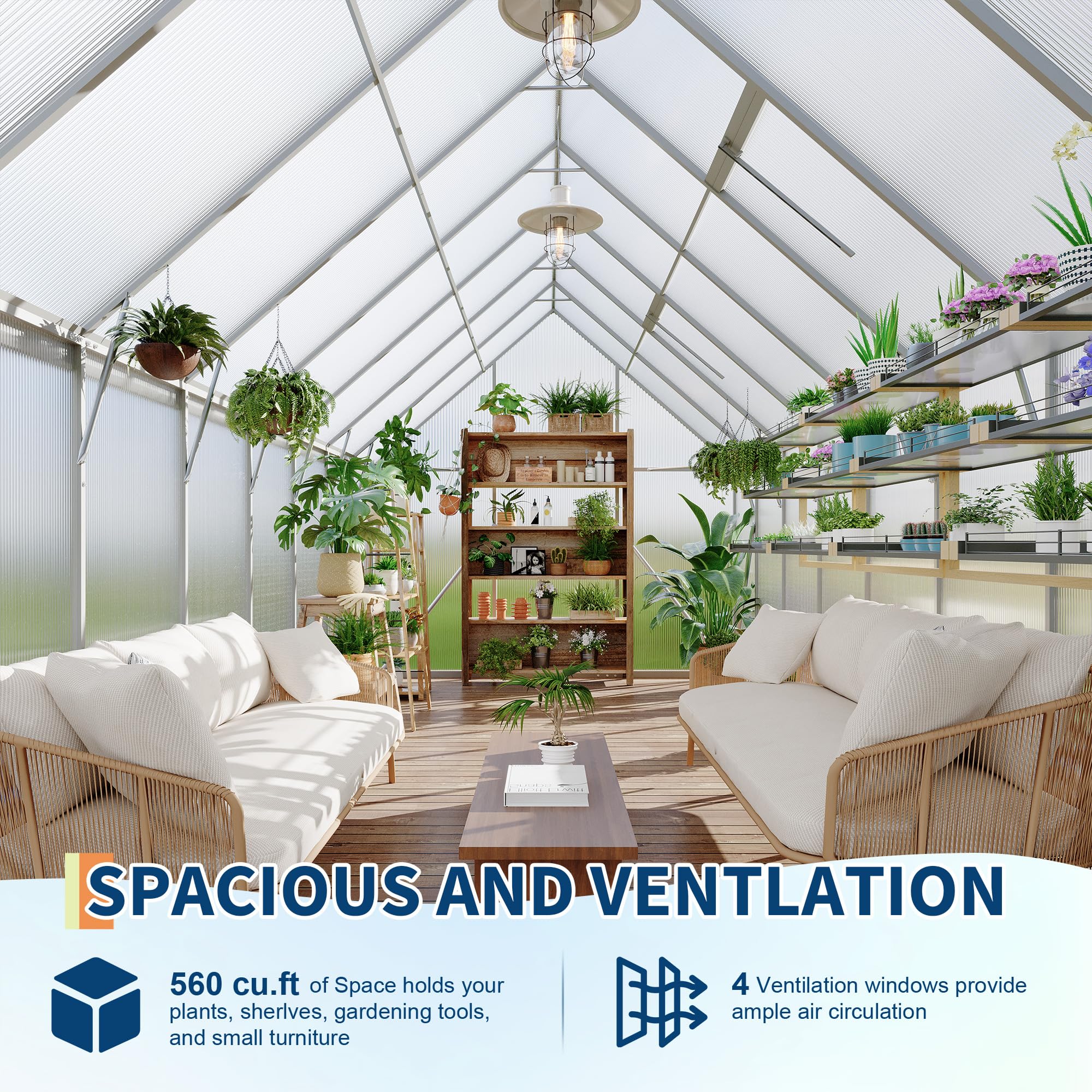 Garvee Heavy Duty 8x16FT Polycarbonate Greenhouse with Aluminum Frame – Double Swing Doors, Roof Vent, Rain Gutter, Quick Setup – Large Walk-In Outdoor Gardening Tent, Silver