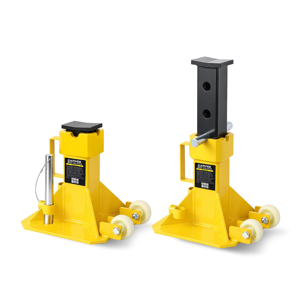 Garvee 22 Ton Jack Stands, Heavy-Duty Pin-Type Car Jack Stands with Lock, 2 Caster Wheels, Wide Base Safety Design, Adjustable Height (13.8"-19.7") for Trucks, Trailers, and Equipment, Yellow
