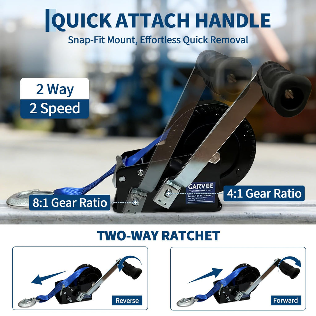 Garvee 3500lbs Heavy Duty Boat Trailer Winch with 33FT Strap, Dual-Speed 4:1/8:1 Gear Ratio & 2-Way Ratchet, Professional Hand Crank Winch for Pulling Boat, Trailer, Truck, RV, ATV, Jet Ski