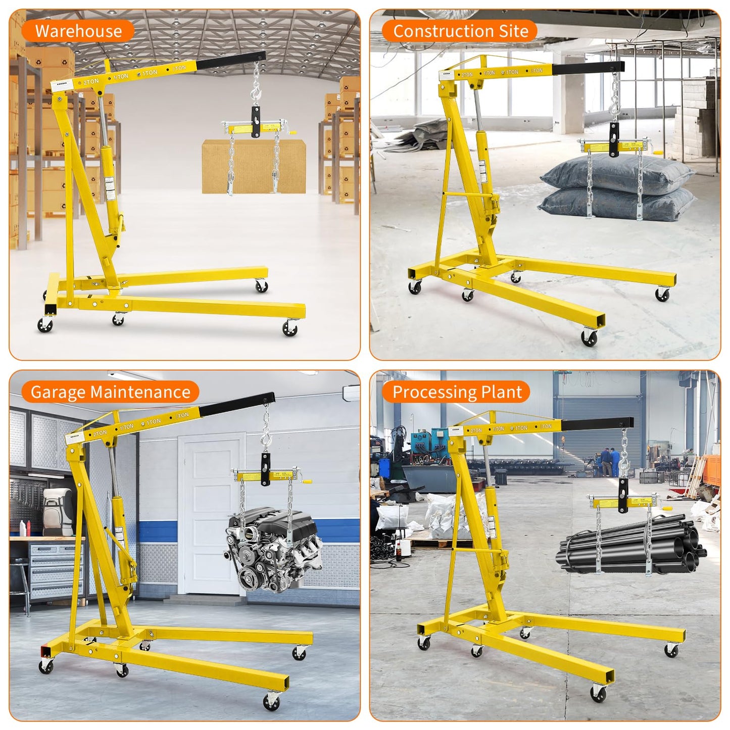 Garvee Heavy Duty 2 Ton Folding Hydraulic Engine Hoist - 4400 lbs Capacity Cherry Picker Crane with Load Leveler - 6 Swivel Wheels - Adjustable Boom (0.5T-2T) for Garage, Workshop, Warehouse - Yellow with leveler