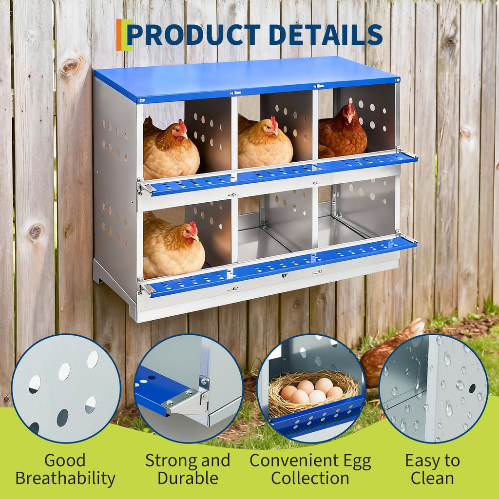 Garvee Heavy Duty 6-Compartment Metal Chicken Nesting Box – Galvanized Steel, Rollaway Egg Collection, Ventilated, Rustproof, Wall-Mounted or Floor, Easy Clean – Space-Saving Hen Layer for Poultry Coop – Without Cover, Blue, 96×48×71cm