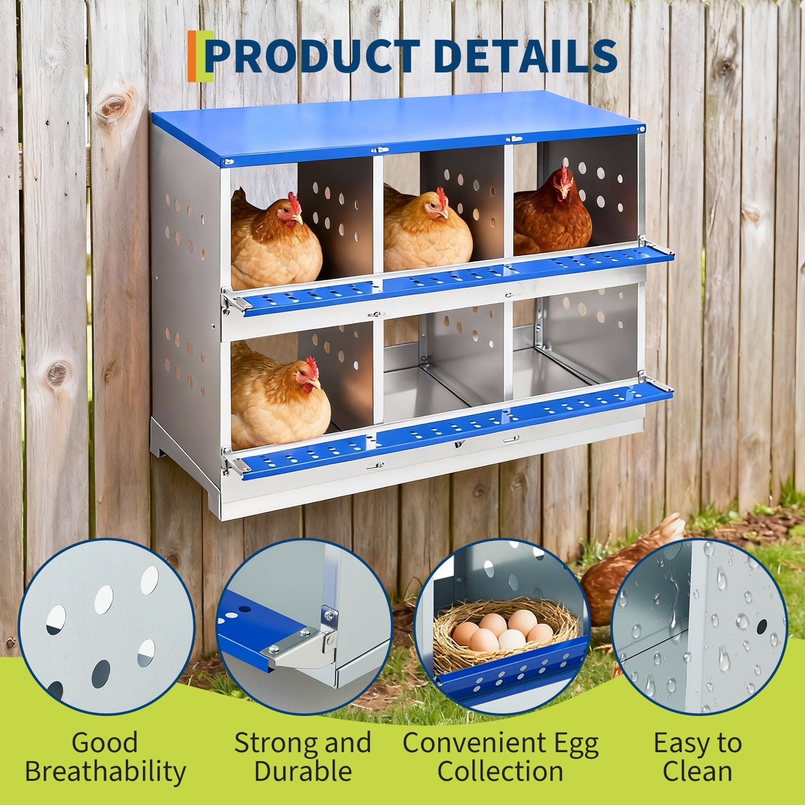 Garvee Heavy Duty 6-Compartment Metal Chicken Nesting Box – Galvanized Steel, Rollaway Egg Collection, Ventilated, Rustproof, Wall-Mounted or Floor, Easy Clean – Space-Saving Hen Layer for Poultry Coop – Without Cover, Blue, 96×48×71cm