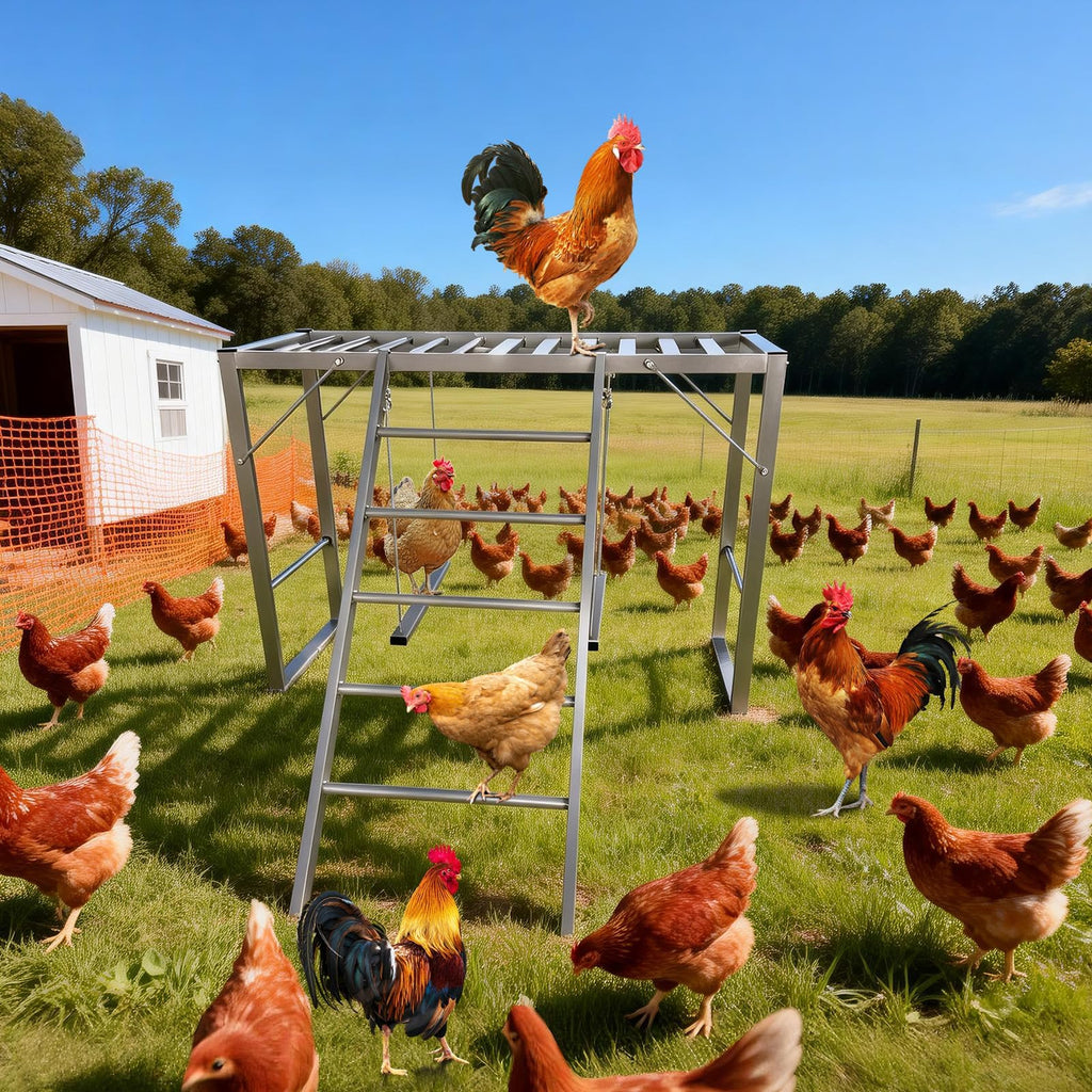 Garvee Metal Chicken Roosting Bars with Swing & Ladder, Heavy Duty, Weatherproof Carbon Steel, 4-Tier Exercise Perch, Silver, for Backyard Farms