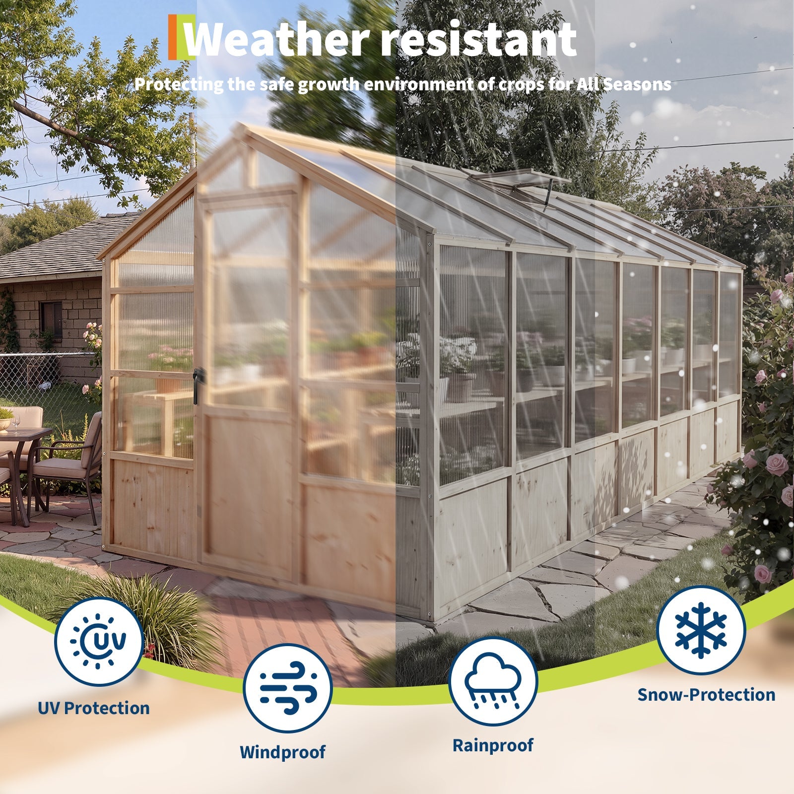 Garvee 8' x 14' Wooden Walk-In Greenhouse Kit, Outdoor Green House with Natural Spruce Wood Frame, Polycarbonate Panels, Ventilated Windows & Lockable Door for Garden, Backyard, Patio & Lawn