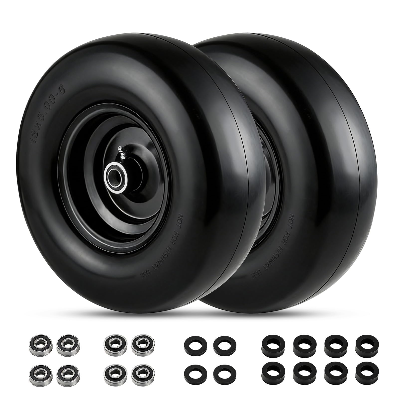 Garvee 13X5.00-6 Flat Free Golf Cart Tire and Wheel Set - Polyurethane, Heavy Duty 353 lbs Capacity, Steel Rim, Multiple Bushings, Lawn Mowers & Utility Carts