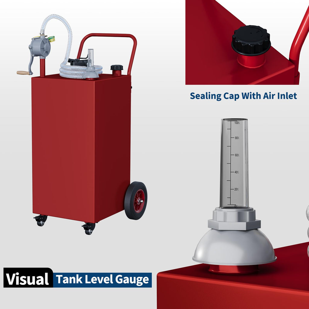 Garvee 30-Gallon Portable Fuel Tank Gasoline Diesel Storage with Manual Rotary Pump, Anti-Static Clamp, Carbon Steel, All-Terrain Wheels, Red, for Vehicles and Boats, Red