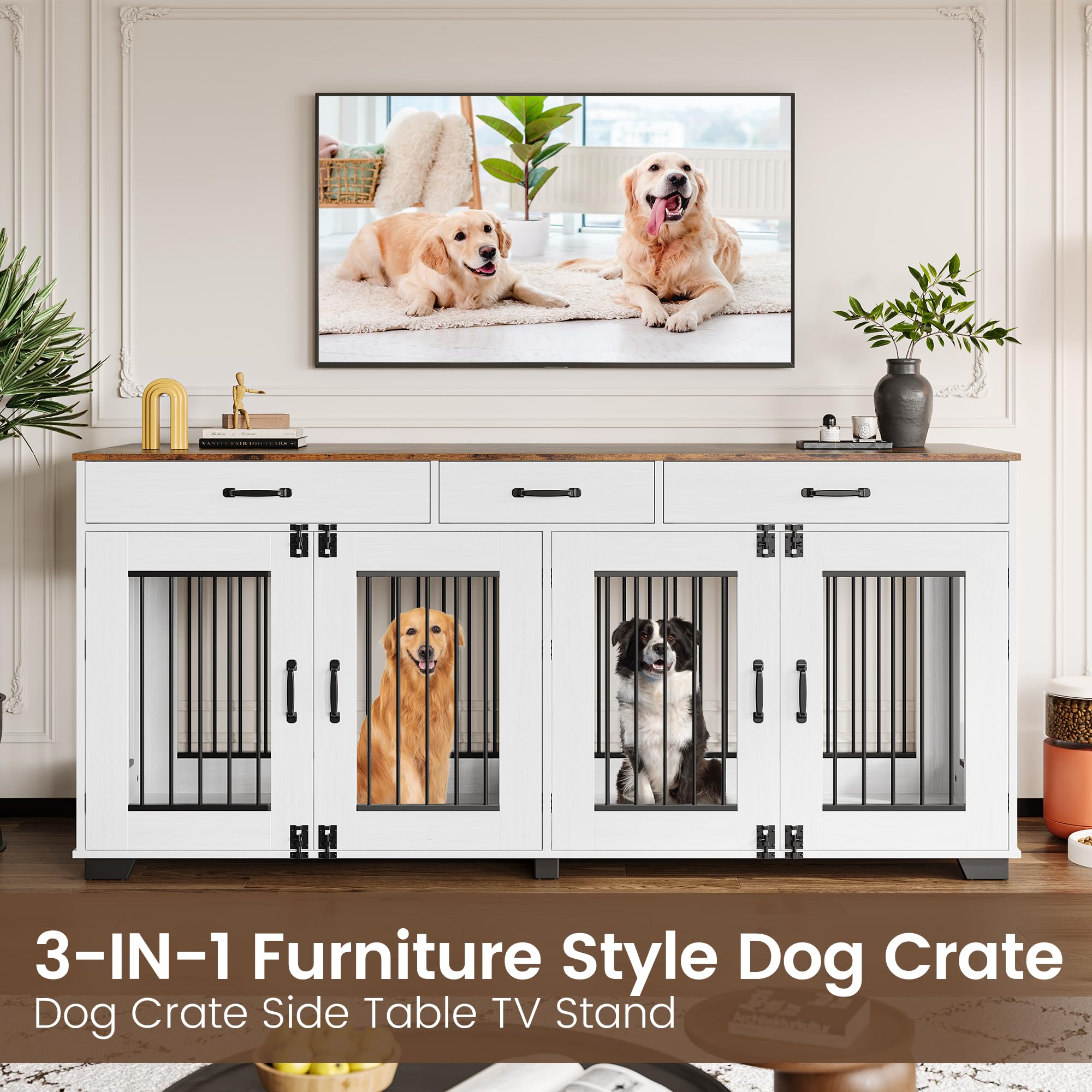 Garvee 71-Inch Large Dog Crate with Divider and 3 Drawers, Spacious Wooden Indoor Kennel, Double Doors with Locks, Brown & White, for Medium Large Dogs, Home Use