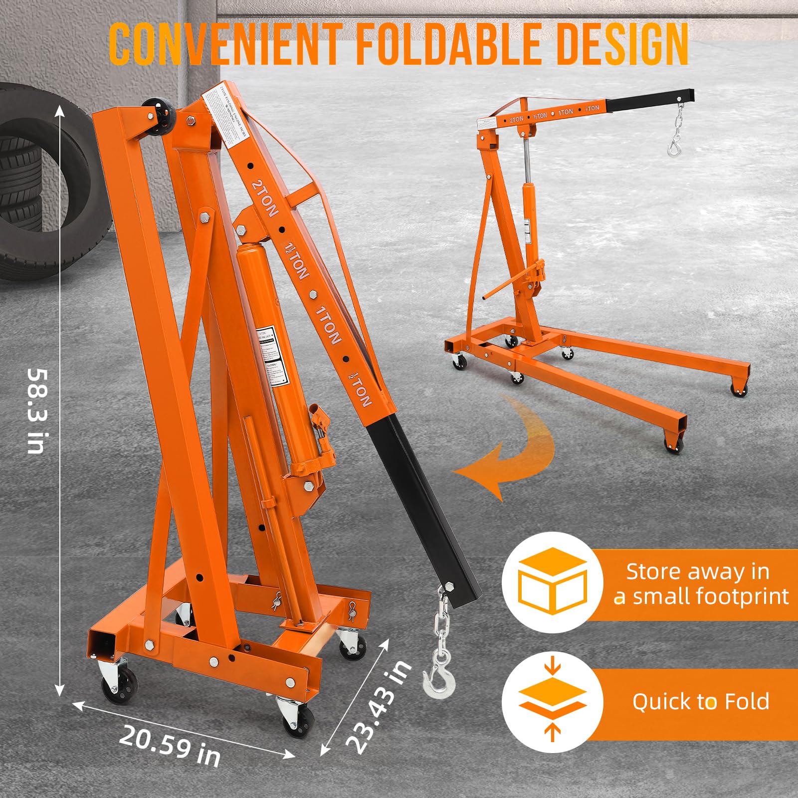 Garvee 2 Ton Engine Hoist, Hydraulic Cherry Picker Crane, Heavy-Duty Folding Shop Crane with 6 Casters, Engine Lift for Garage and Workshop, Orange